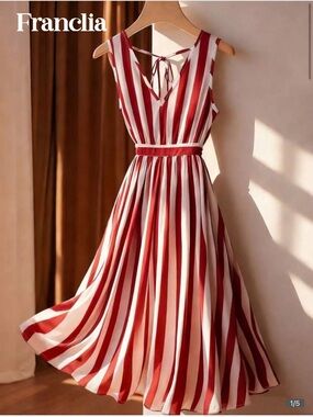 Red & White Striped V-Neck Midi Dress